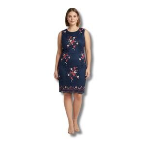 DKNY Navy Blue Floral Embroidered Lace Sheath Dress NWT 10 Sleeveless Cocktail